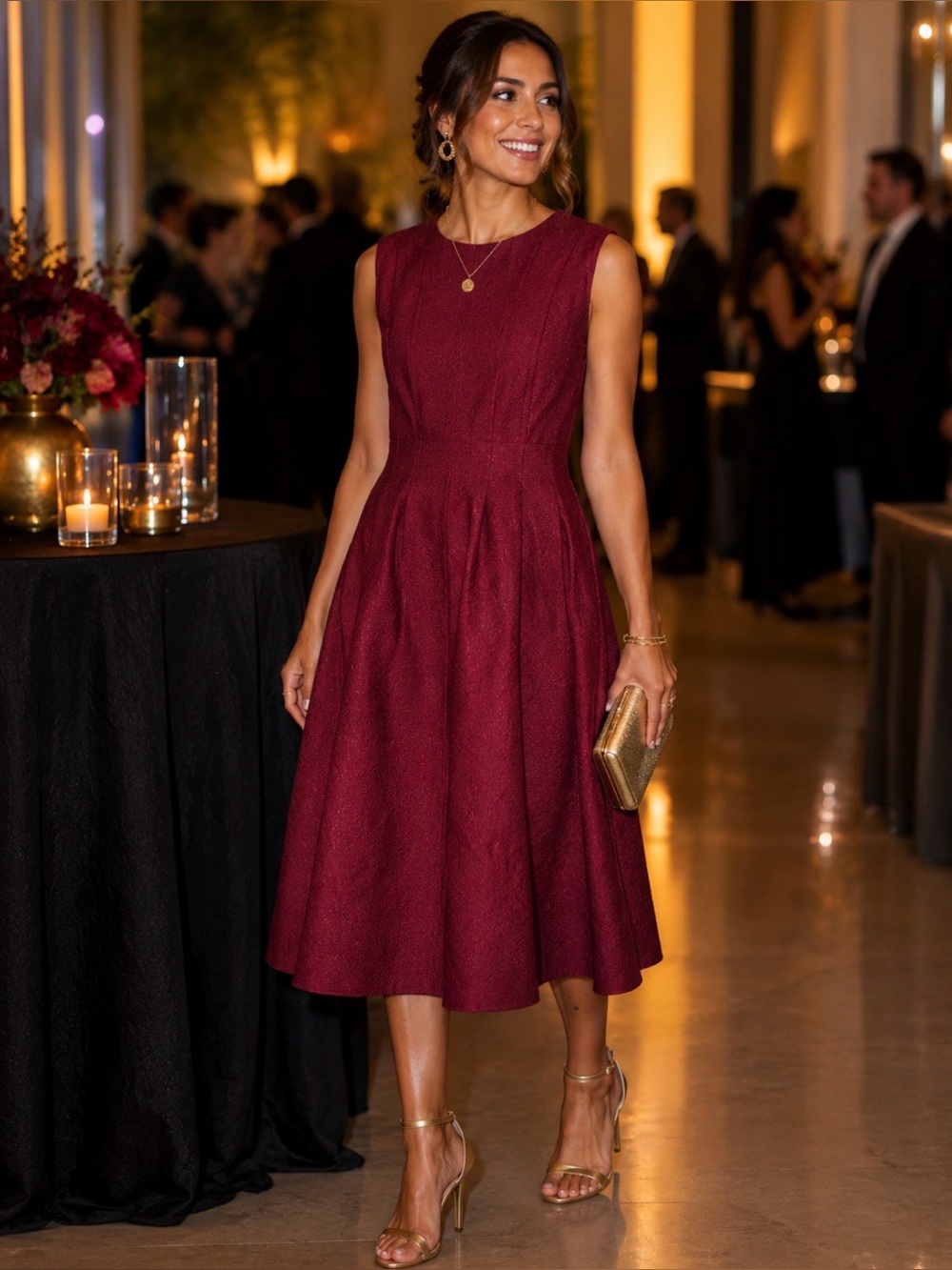 NWT Elegant Sleeveless Burgundy Midi Dress With Gold Thread